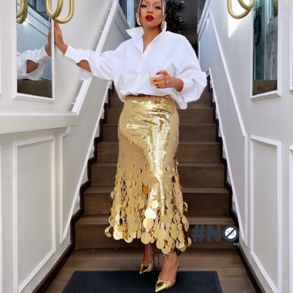 🎉Plus Size Elegant Gold Or Silver Long Sequin Formal Midi Skirt - Picture 9 of 14